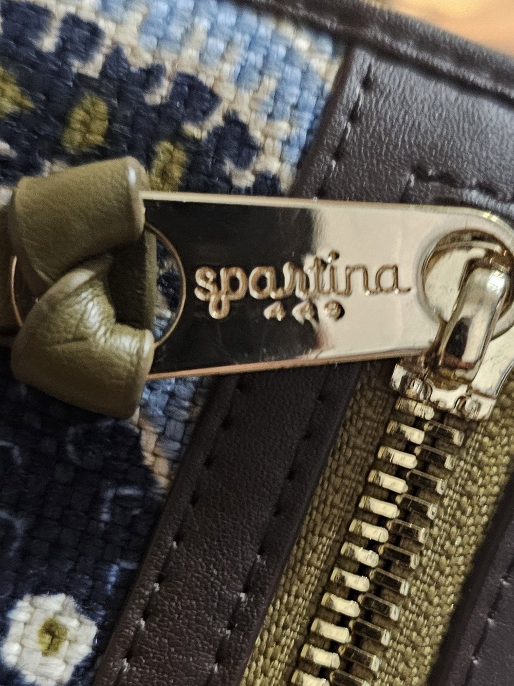 Spartina 449 Olive and Navy Woven Zip Pouch with Metallic Logo Pull